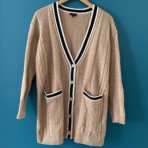 Talbots Beige Cable Knit Cardigan with Navy and Cream Trim, S